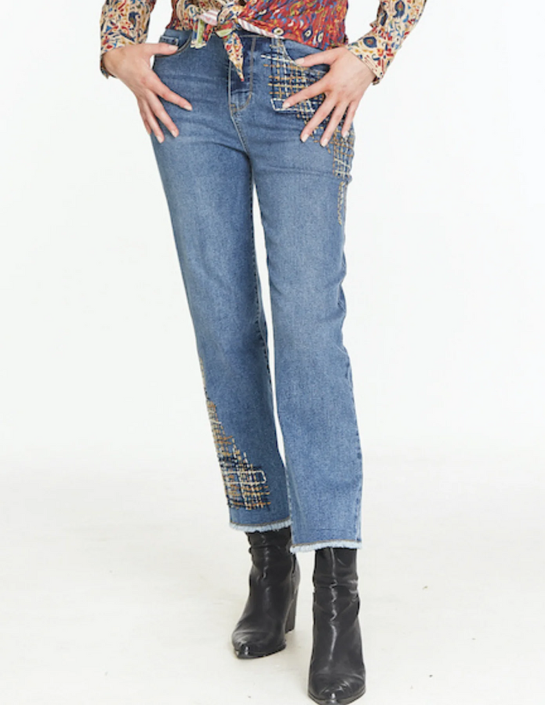 Tru Luxe Wide Leg Embroidered Jean - Medium Indigo *Take an EXTRA 1/2 Off*