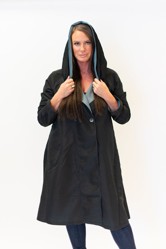 UbU Reversible Hooded Button Front Parisian Raincoat - Black Pearl/Black