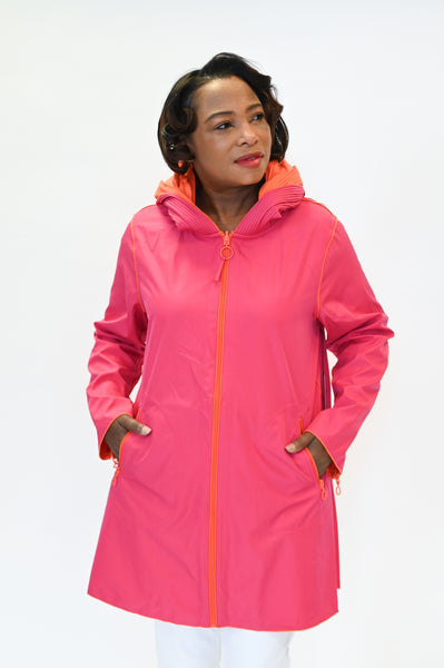 UbU Reversible Zip Front Hooded Parisian Raincoat - Hot Pink/Orange