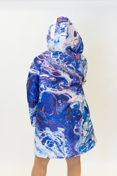 UbU Reversible Quilted Hooded A-Line Coat - Cobalt/Purple Maze