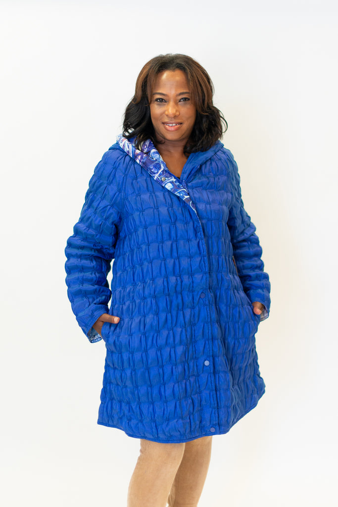 UbU Reversible Quilted Hooded A-Line Coat - Cobalt/Purple Maze