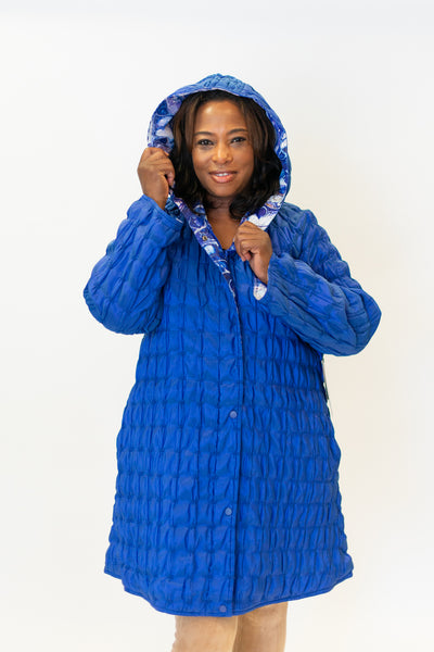 UbU Reversible Quilted Hooded A-Line Coat - Cobalt/Purple Maze *Take an EXTRA 25% Off*