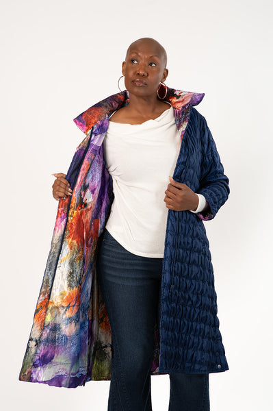 UbU Reversible Quilted 3/4 Length Coat - Navy/Weather the Storm