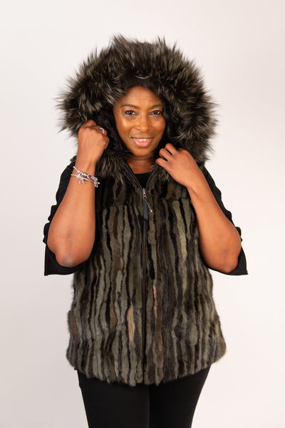 Rippe's Furs Reversible Sculpted Hooded Mink Vest with Raccoon Fur Trim - Army Green