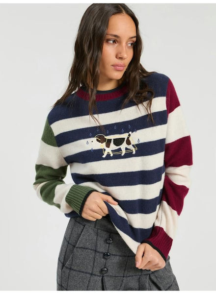 Vilagallo Dog Embroidered Stripe Sweater - Navy Multi