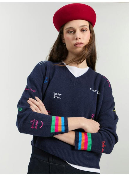 Vilagallo Palabras Embroidered Wool Sweater - Navy Multi