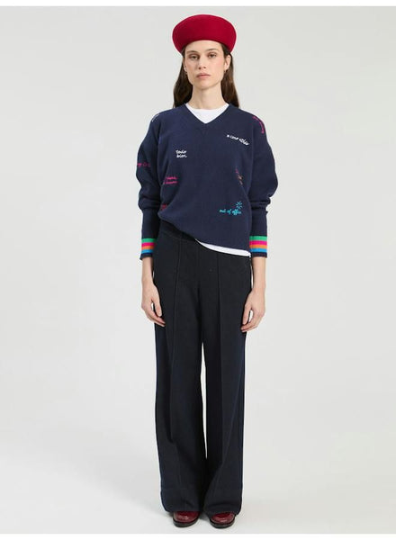 Vilagallo Palabras Embroidered Wool Sweater - Navy Multi