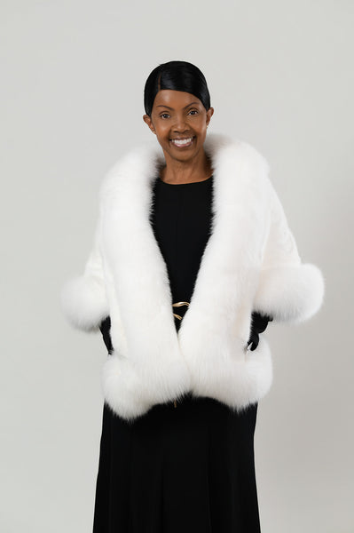 Volare Fox Fur Trim Sectioned Mink Fur Stole with Pockets - White