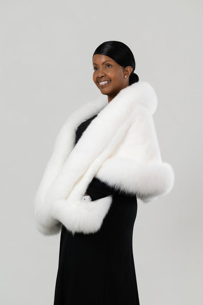 Volare Fox Fur Trim Sectioned Mink Fur Stole with Pockets - White