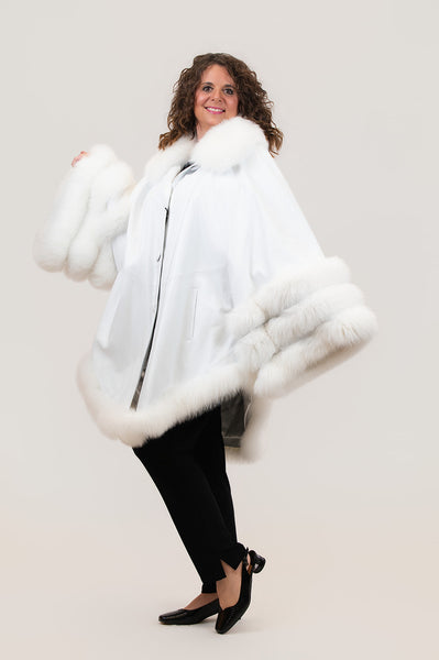 Volare Leather Cape Jacket with Fox Fur Trim - White/White