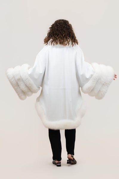 Volare Leather Cape Jacket with Fox Fur Trim - White/White