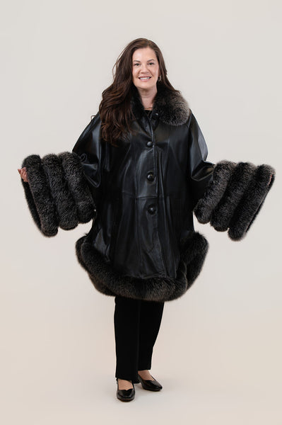 Volare Leather Cape Jacket with Fox Fur Trim - Black/Snow Top