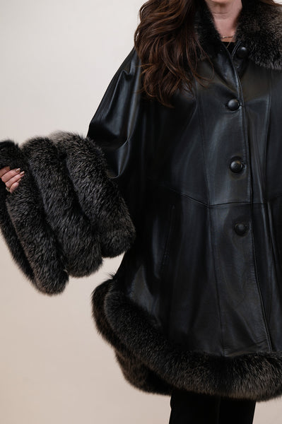 Volare Leather Cape Jacket with Fox Fur Trim - Black/Snow Top