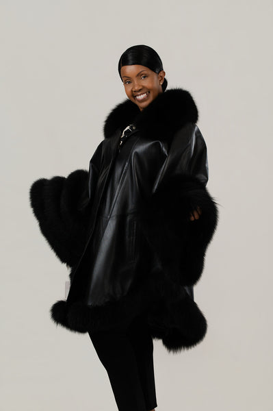 Volare Leather Cape Jacket with Fox Fur Trim - Black