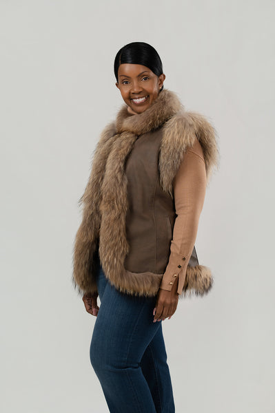 Volare Finn Raccoon Fur Trim Leather Vest - Tan