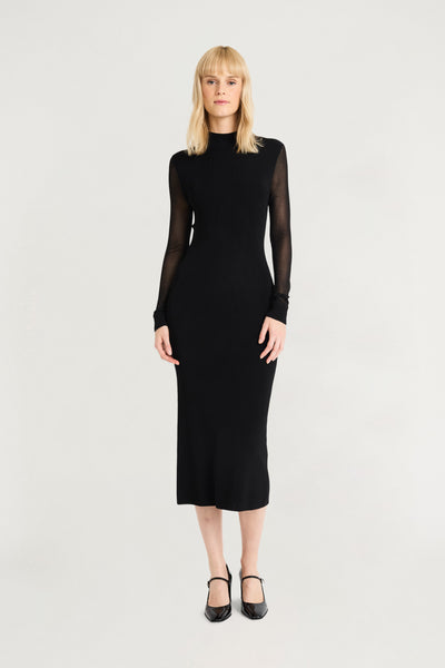 Luxely Mock Neck Midi Sweater Dress with Mesh Sleeves - Meteorite
