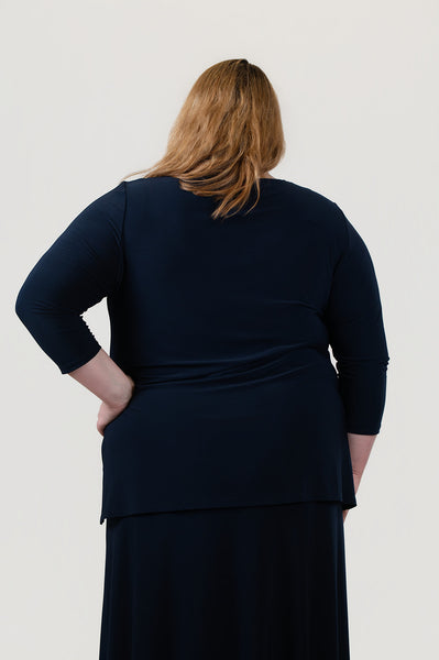 YNot Round Neck 3/4 Sleeve Tunic Top - Navy