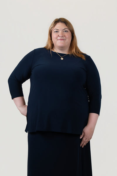 YNot Round Neck 3/4 Sleeve Tunic Top - Navy