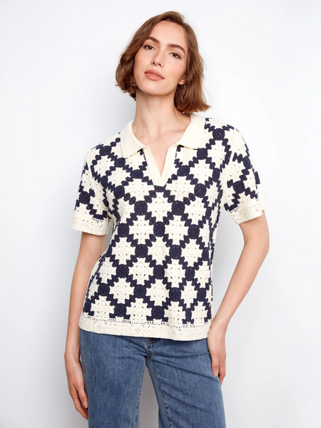 Charlie B Johnny Collar Crochet Cotton Blend Top - Navy