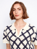 Image of Charlie B Johnny Collar Crochet Cotton Blend Top - Navy