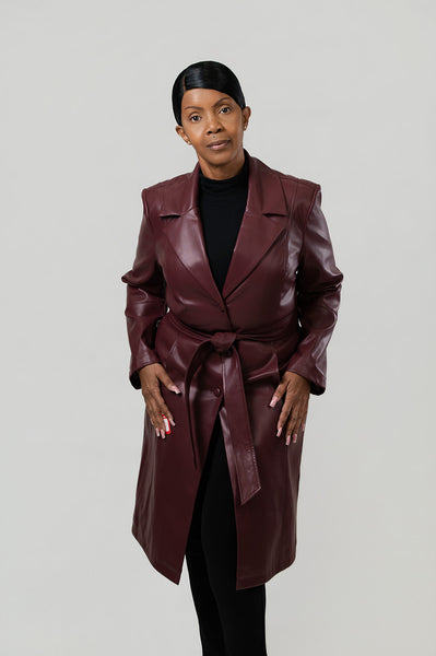 Ellen Tracy Vegan Leather Trench Coat - Wine