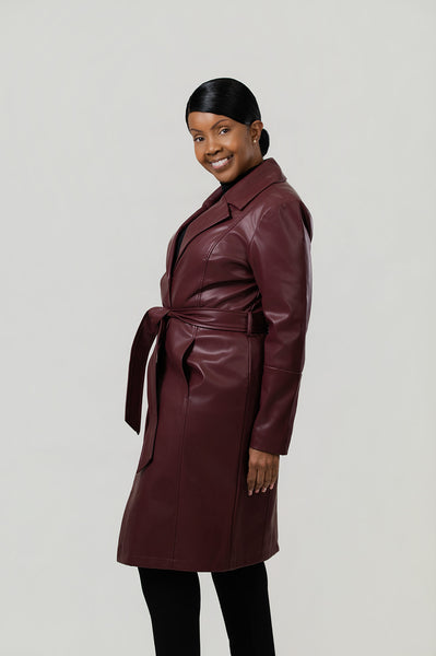 Ellen Tracy Vegan Leather Trench Coat - Wine