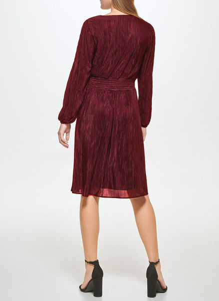 Kensie Pleated Knit V-Neck Puffed Sleeve A-Line Dress - Burgundy *Take an EXTRA 1/2 Off*