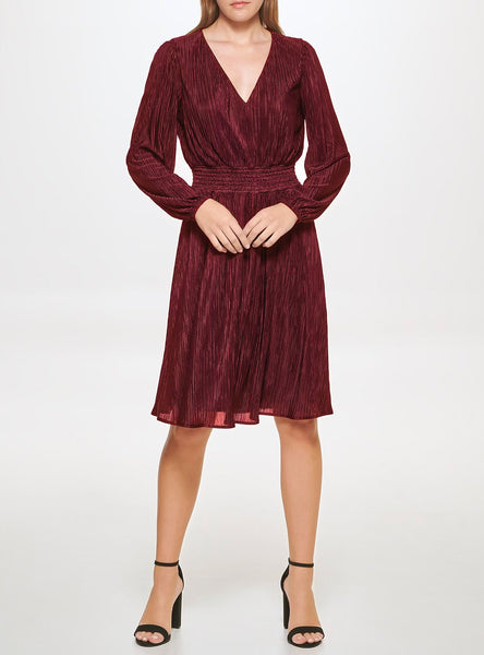 Kensie Pleated Knit V-Neck Puffed Sleeve A-Line Dress - Burgundy