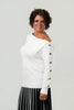 Image of Marble Off Shoulder Portrait Collar Button Sleeve Sweater - White