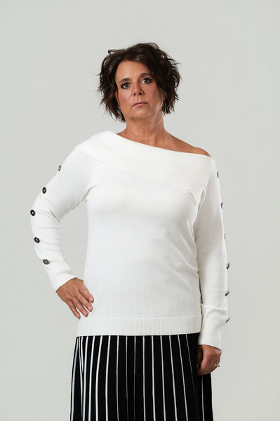 Marble Off Shoulder Portrait Collar Button Sleeve Sweater - White