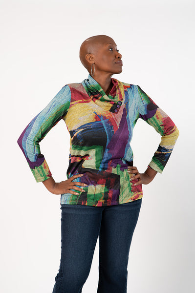 Pure Essence Brushstroke Print Envelope Collar Tunic - Multicolor