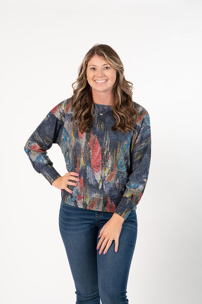 Pure Essence Sparkle Floral Print Boat Neck Long Sleeve Boxy Top - Multicolor