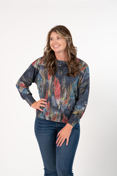 Pure Essence Sparkle Floral Print Boat Neck Long Sleeve Boxy Top - Multicolor