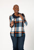 Image of Pure Essence Drawstring Cowl Neck Mixed Media Plaid Tunic - Teal/Pumpkin