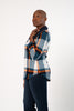 Image of Pure Essence Drawstring Cowl Neck Mixed Media Plaid Tunic - Teal/Pumpkin