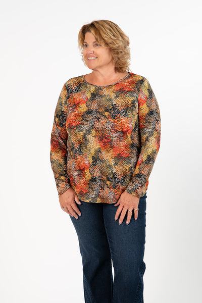 Pure Essence Foliage Print Round Neck Long Sleeve Top - Multicolor