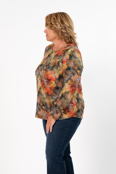 Pure Essence Foliage Print Round Neck Long Sleeve Top - Multicolor