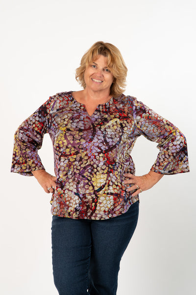 Pure Essence Abstract Dot Print Wide Sleeve Split Neck Top - Multicolor