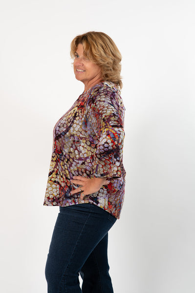 Pure Essence Abstract Dot Print Wide Sleeve Split Neck Top - Multicolor