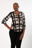 Image of Pure Essence Crosshatch Print Wide Sleeve Split Neck Top - Black/Sand