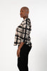 Image of Pure Essence Crosshatch Print Wide Sleeve Split Neck Top - Black/Sand