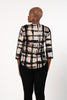 Image of Pure Essence Crosshatch Print Wide Sleeve Split Neck Top - Black/Sand