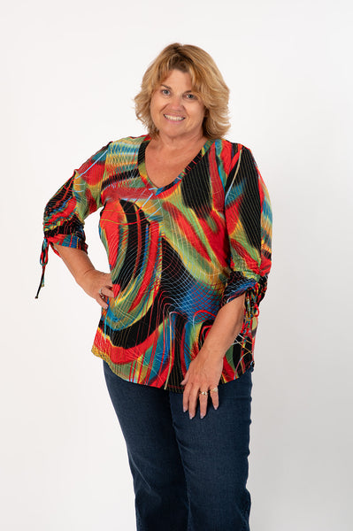 Pure Essence Textured Abstract Print Cinch Sleeve V-Neck Top - Multicolor