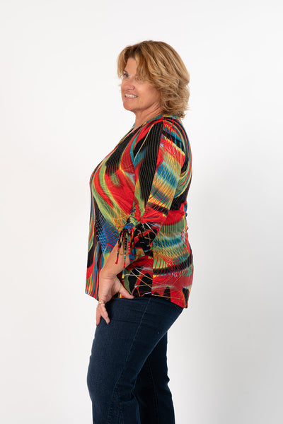 Pure Essence Textured Abstract Print Cinch Sleeve V-Neck Top - Multicolor