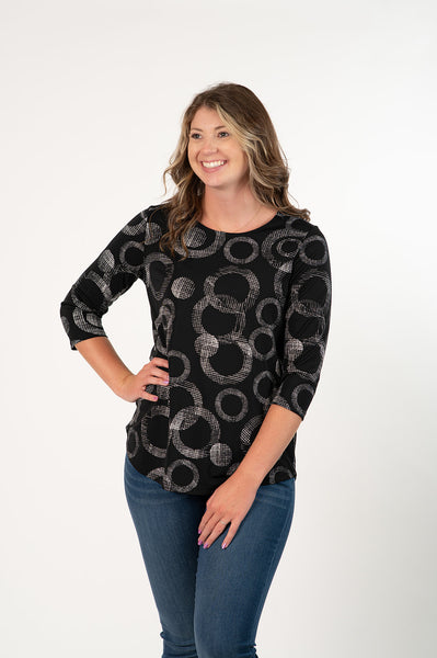 Pure Essence Circle Print 3/4 Sleeve Round Neck Top - Black/Ivory