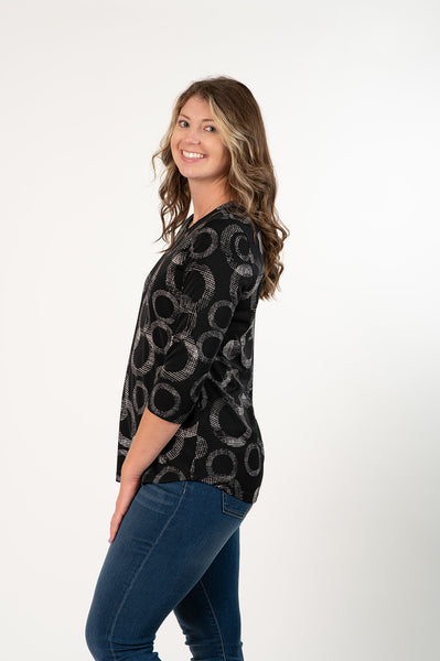 Pure Essence Circle Print 3/4 Sleeve Round Neck Top - Black/Ivory