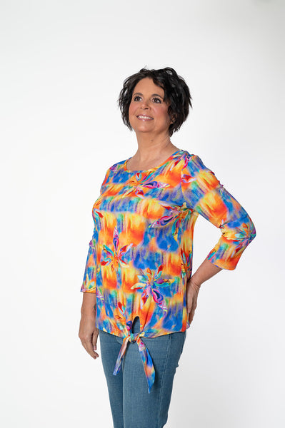 Pure Essence Sunset Floral Print Side Tie Top - Multicolor