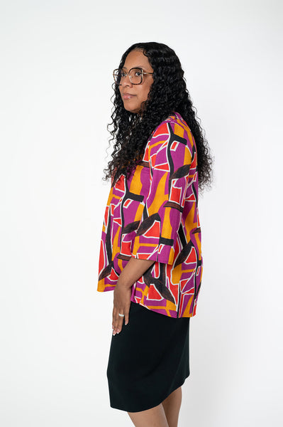 Pure Essence Abstract Print Wide Sleeve V-Neck Top - Magenta Mix