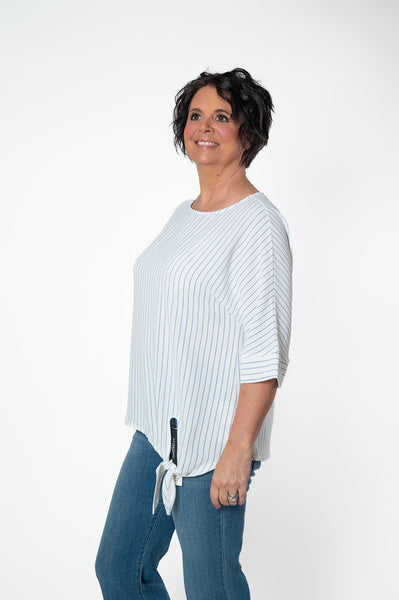 Pure Essence Pinstripe Print Side Tie Top - White Dove