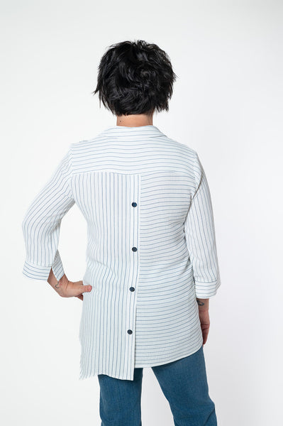 Pure Essence Asymmetric Pinstripe Button Back Detail Blouse - White Dove